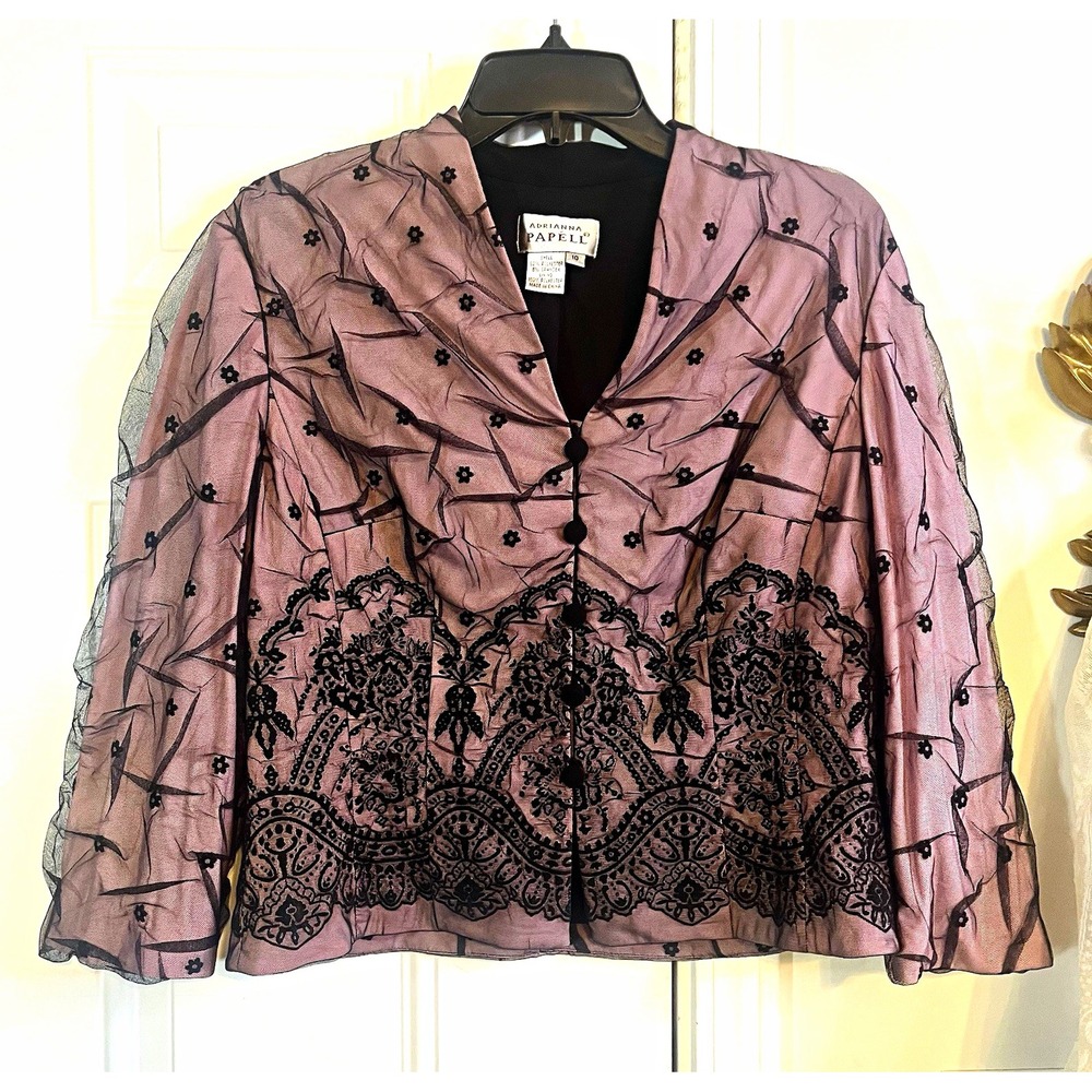 VTG 90s Adrianna Papell Mauve Black Lace Flocked Mesh Blouse Jacket Sz 10 Fairy